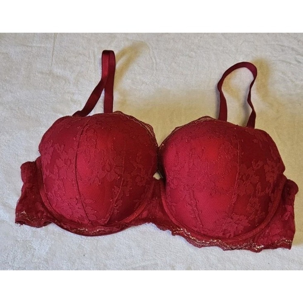 Victoria's Secret Dream Angels Red Floral Lace Lined Demi Bra 38DD Gold Trim